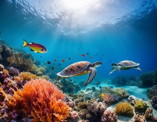 Fototapeta premium A vibrant tropical underwater scene with colorful coral, exotic fish, and sea turtles, illuminated by sunlight, perfect for marine and travel designs