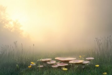 Mysterious fairy ring of mushrooms in a misty meadow at sunrise captivating nature scene ethereal environment tranquil viewpoint enigmatic concept for nature lovers