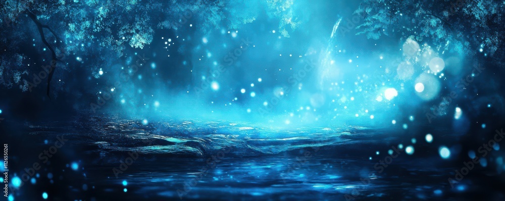 Poster dark blue background with glowing lights and bokeh, creating an atmosphere of mystery and magic.