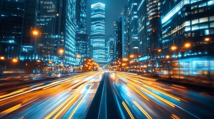 Naklejka premium Fast paced city street at night. Concept of urban life, technology, and progress.