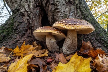 Fototapeta premium Mushroom growth displaying pair of mushrooms at tree base in autumn leaves nature close-up ground level perspective forest ecosystem botanical beauty showcase