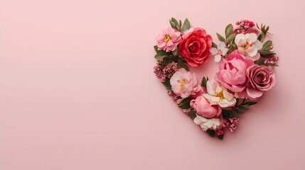A pink background features a heart shape created from various pink and red flowers including roses, peonies, and other blossoms.