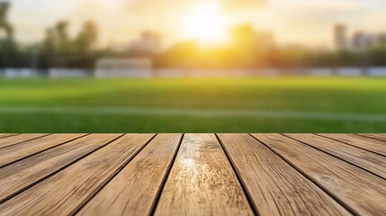 Wooden Table Top with Blurred Football Field Background During Sunset, Ideal for Sports, Events, or Marketing Themes Related to Soccer and Outdoor Activities