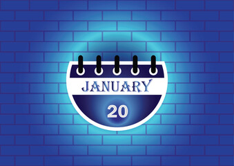 January 20 calendar sign on blue neon brick wall background. Flat design style. Date, day and month. Vector illustration.
