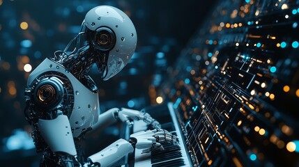 Fototapeta premium Intelligent machines create original music, driven by artificial intelligence. The digital realm and programming intertwine in an abstract tapestry