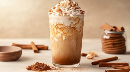 A creamy iced chai latte in a tall glass, styled with cinnamon and a beige backdrop.