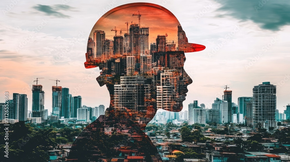 Poster an engineer working with 3d building models, overlaid on a cityscape in double exposure.