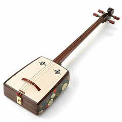 A traditional Japanese shamisen with a rectangular body and three strings,
