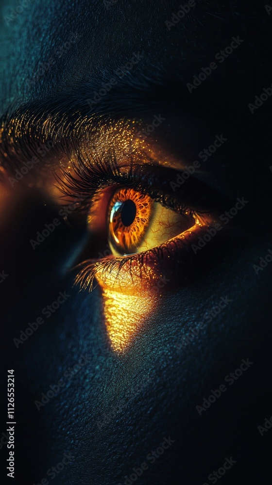 Poster amidst a sea of shadows, a single illuminated eye captures attention with its radiant glow, evoking 