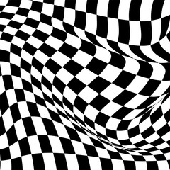 Obraz premium Wavy checkerboard background visual illusion distortion. Chess board. Vector illustration.
