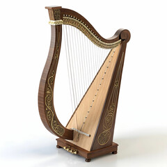 A traditional lyre with a curved frame and taut strings,