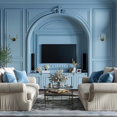 Living room interior in classic Mediterranean style with a beige sofa and two blue armchairs and blue walls, a TV unit and interior decor