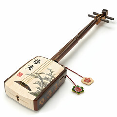 A traditional Japanese shamisen with a rectangular body and three strings,