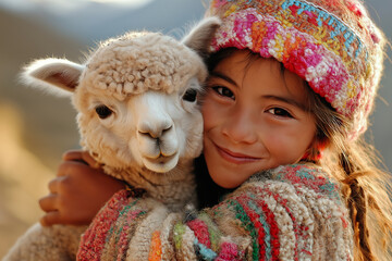 A young girl is holding a baby llama