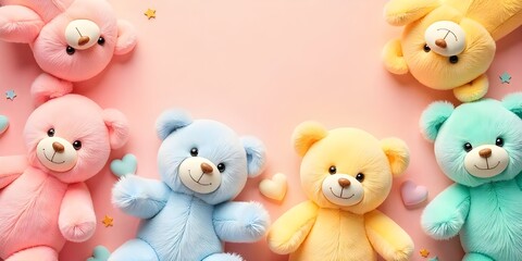 Obraz premium Colorful Plush Teddy Bears on Pastel Pink Background