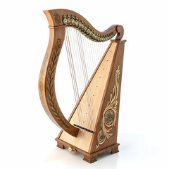 A traditional lyre with a curved frame and taut strings,