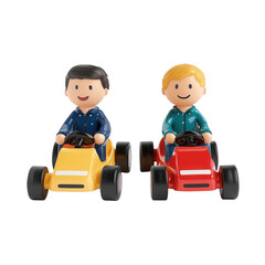 Fototapeta premium Two cheerful toy figures racing in their colorful go-karts, enjoying a fun day., isolated on a transparent background.