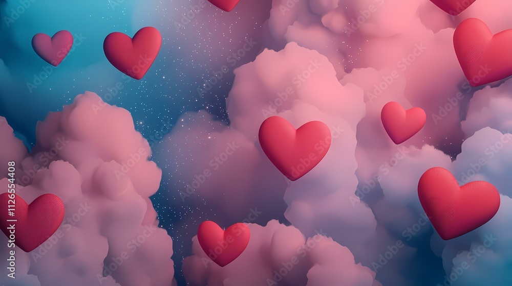 Poster the image contains multiple red hearts floating among pink and blue clouds with a starry background.
