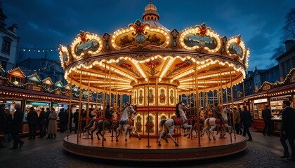Obraz premium Enchanting illuminated carousel spinning at night, surrounded by happy visitors in a festive atmosphere 