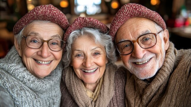 Family members laughing while taking a group selfie with party hats, fun New Year s Eve focus on, joyful theme, vibrant, manipulation, cozy room backdrop