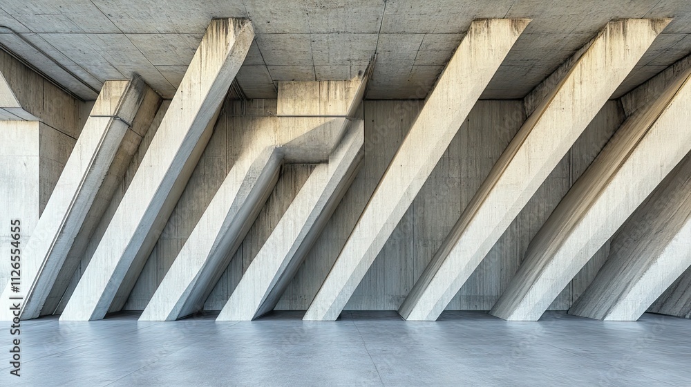 Poster clean, sharp angles in a concrete room with diffused light highlighting the raw, minimalist structur