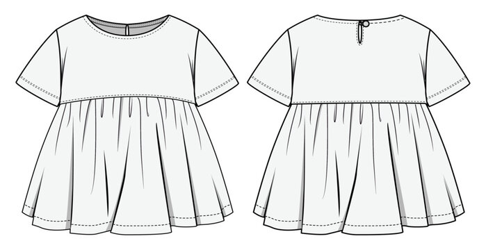 illustration of a baby wear dress, toddler kids, infant baby, fashion flat sketch, vector illustration, cad, technical drawing, flat drawing, template, mockup.