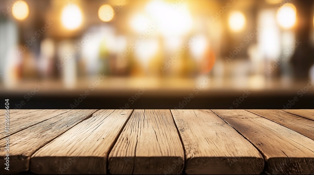 Poster close-up view of a wooden table surface with a soft bokeh background creating a warm and inviting at