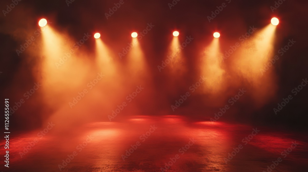 Poster empty red scene with stage spotlights warm colored light and smoke effects a 3d rendering suitable f