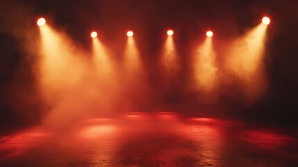 Empty red scene with stage spotlights warm colored light and smoke effects A 3D rendering suitable for concert lighting night show backgrounds or event presentations