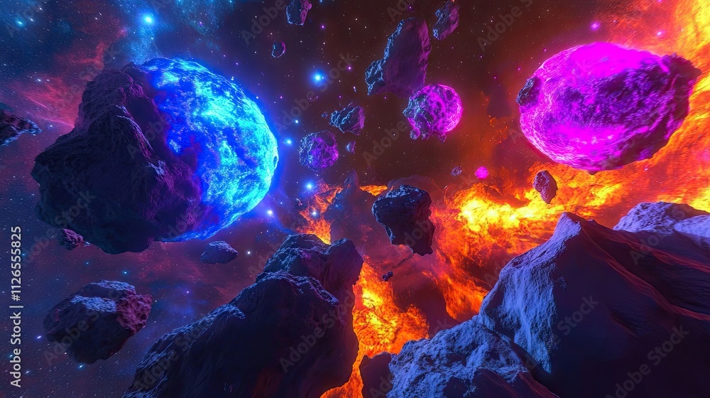 Poster exploding stars and forming galaxies in a vibrant, dynamic celestial event scene.
