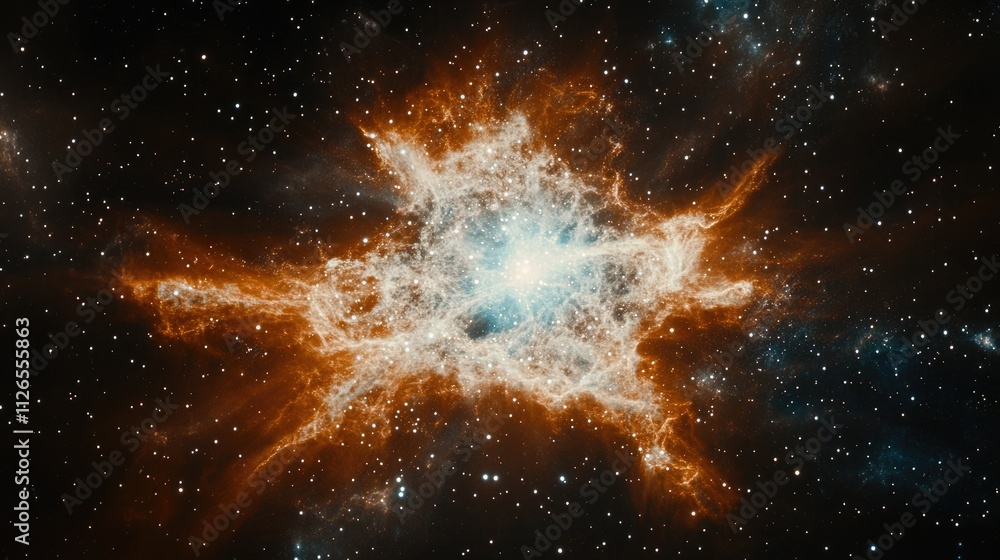 Poster exploding stars and forming galaxies in a vibrant, dynamic celestial event scene.