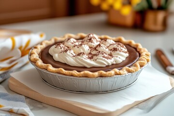 baking and desserts, a luxurious chocolate pie sitting on a baking tray, showcased on a kitchen island with organized utensils and delightful decorations ideal for celebrating national pie day