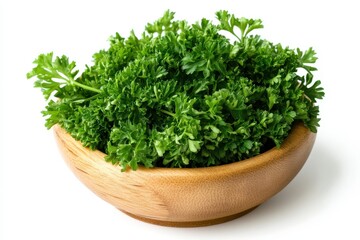 Fototapeta premium Fresh parsley beautifully arranged in a wooden bowl on a white background