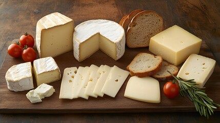 Assorted Cheeses Bread and Tomatoes Arranged on a Wooden Board