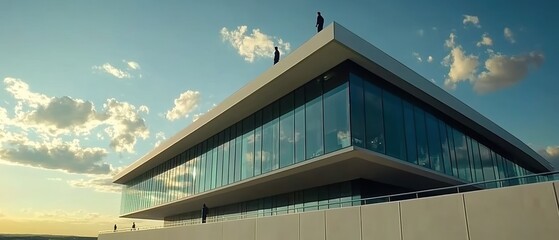 Fototapeta premium Modernist Architecture with Silhouetted Figure on Rooftop at Sunset