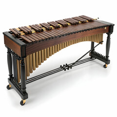 A traditional marimba with wooden bars and resonators,