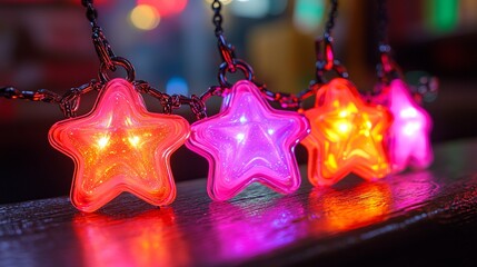 a string of star shaped lights in red orange and pink.
