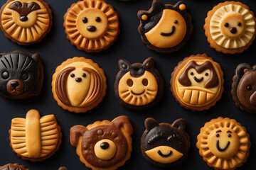 A collection of animal-shaped cookies with smiling faces