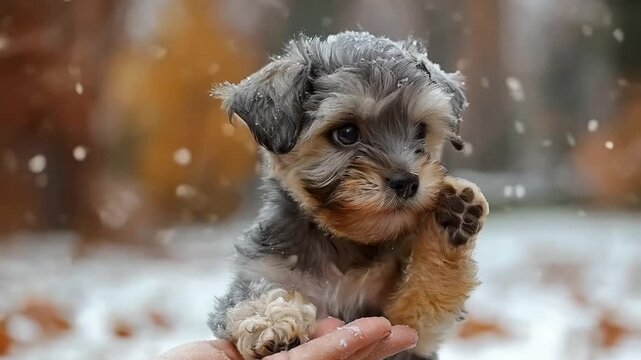  Peque&ntilde;o schnauzer beb&eacute; sostiene una mano humana 