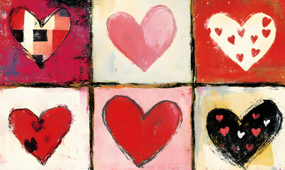 Six vibrant, hand-painted hearts in a collage, showcasing diverse styles and color palettes. Perfect for Valentine's Day, love-themed projects or romantic designs.
