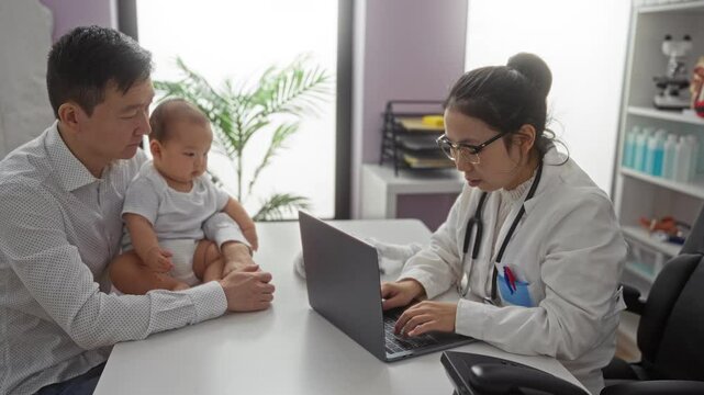 Father holding baby boy while female pediatrician works on laptop in a clinic room, depicting a family consultation indoors with a focus on healthcare and parental care.