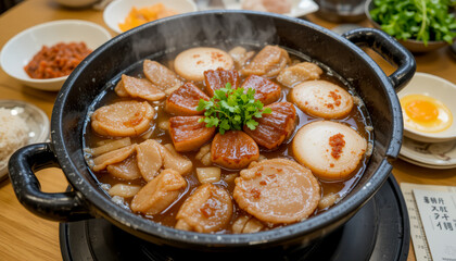 Steaming stew with radish and lotus root in a black pot garnished with greens, served on a wooden table