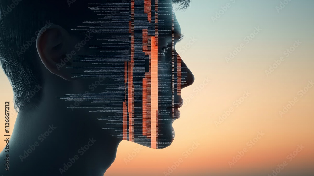 Poster abstract representation of a human face merging with digital data, symbolizing the impact of data br