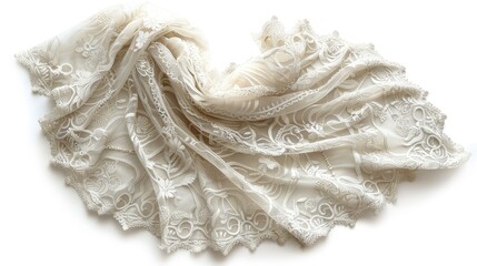 A delicate, ivory lace stole with an intricate, floral pattern, isolated on a white background