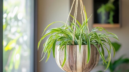 A large hanger pot made from reclaimed wood, holding a lush spider plant, styled in a serene, eco-friendly home.