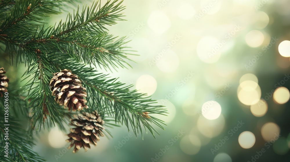 Poster evergreen pine branches decorated with small pine cones against a softly blurred bokeh background ef