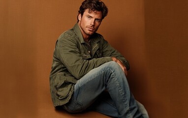 Fototapeta premium A man with medium-length black hair wearing a green bomber jacket and jeans set against a brown backdrop. A model studio photoshoot. 