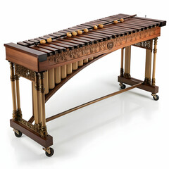 A traditional marimba with wooden bars and resonators,