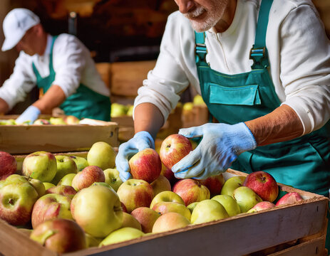Trabajadores seleccionando manzanas frescas en cajas de madera dentro de un almac&eacute;n agr&iacute;cola.