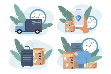 set of vector illustrations in flat style on the theme of moving